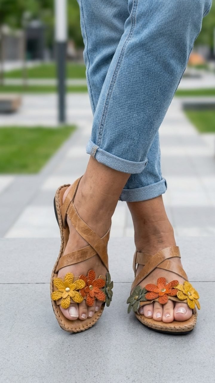 Sandália Andacco caramelo de tiras cruzadas com flores de couro amarelas, laranjas e verdes, usada com calça jeans