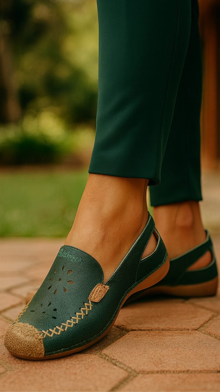 Sapato Drilean verde com perfurações em forma de flor, costura aparente creme e tira vazada no calcanhar