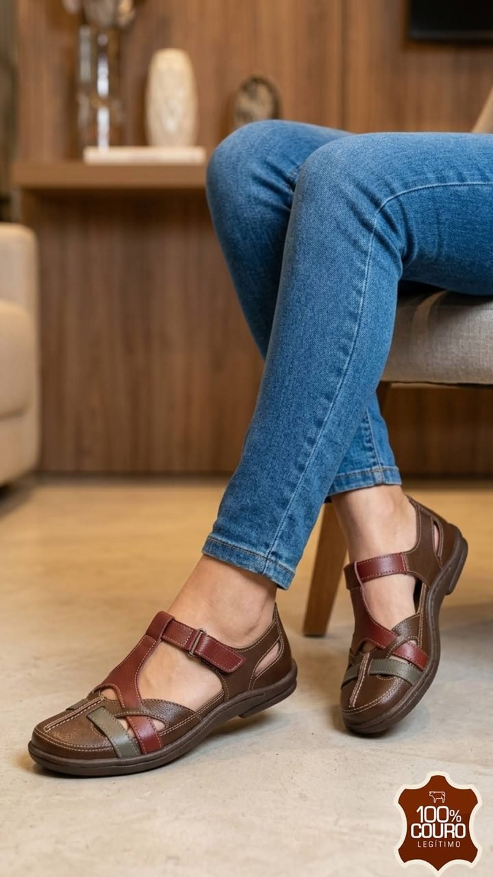 Sapatilha J.Gean em couro marrom e vinho com fecho em velcro, usada com calça jeans